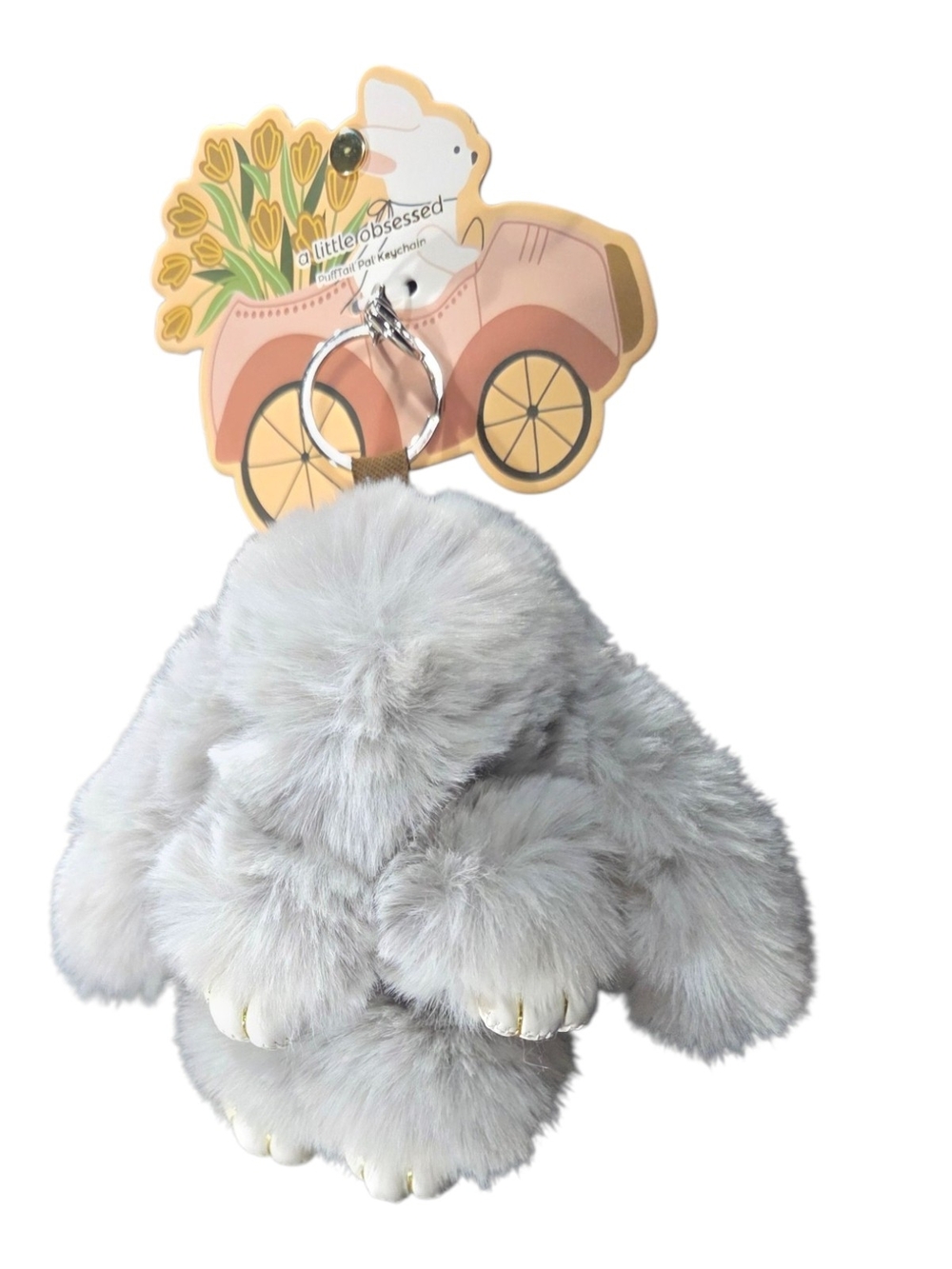 A Little Obsessed PuffTail Pal Gray Bunny Rabbit Fluffy Keychain Bag Charm.